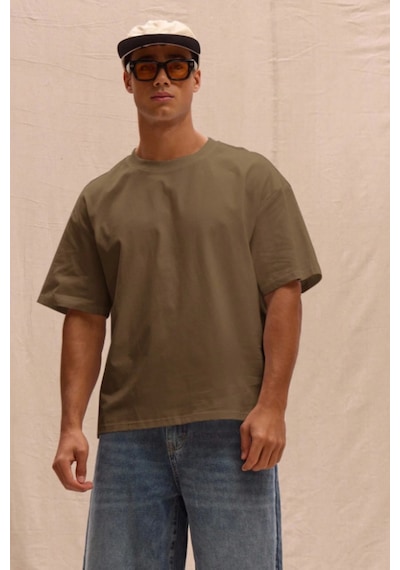 Erkek %100 Organik Pamuklu Kalın Dokulu Comfort Fit Bisiklet Yakalı T-shirt Kahverengi
