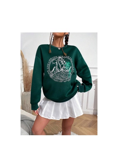Tarzsokak Haki Live Özel Renkli Oversize Bisiklet Yaka Pamuklu Sweatshirt Haki