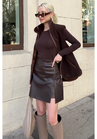 Seeh Acı Kahve Mini Boy Kadın Deri Etek Sh335 Basic
