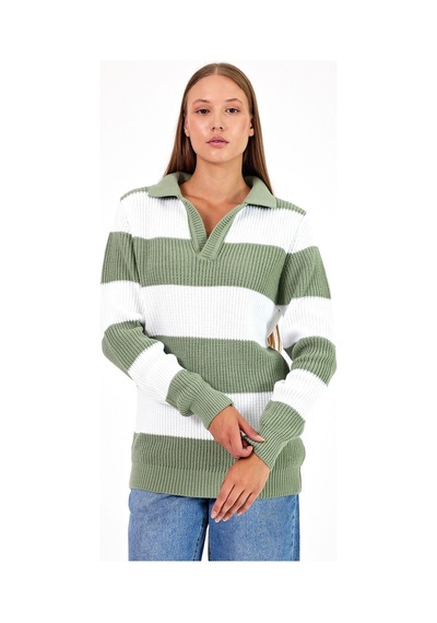 Cool Tarz Kadın Çizgili Şeritli Comfort V Polo Yaka Triko Su Yeşili SU YEŞİLİ