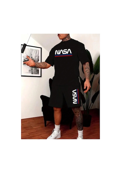 Manfinity Homme Erkek Yazlık Mektup Grafik Kısa Kollu Tişört Ve Şort Takımı Siyah