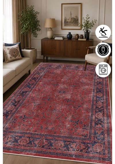 Vintage Eskitme Desen Baskılı Kaymaz Yıkanabilir Halı Salon Oturma Odası Mutfak Balkon Halısı Yolluk Lacivert