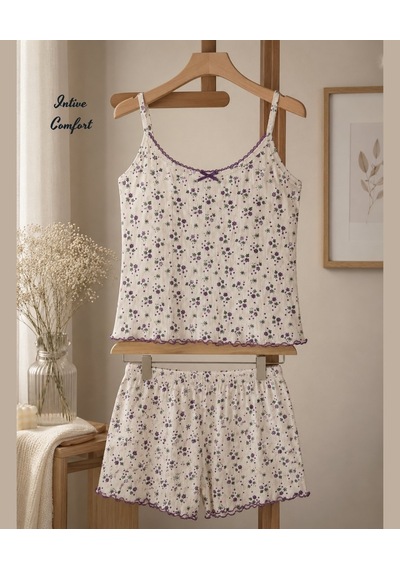 Intive Comfort Lila Küçük Çiçek Desenli Askılı Şortlu Feminen Yazlık Pijama Takımı