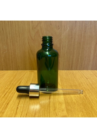 50ml Yeşil Cam Damlalıklı Şişe , Gümüş Metal Kapak , 50 Cc Yeşil