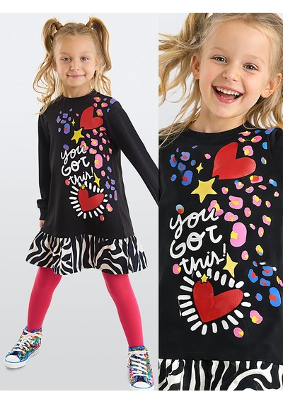 Denokids Kız Çocuk Kışlık Zebra Desenli Pamuklu Siyah Uzun Kollu Fırfırlı Elbise 4-10 Yaş