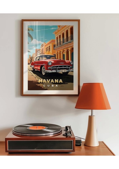 Çerçevesiz Poster Havana Sokaklarında Klasik Bir Araba