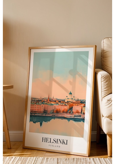 Helsinki Finland Vintage Seyahat Posteri Çerçeveli Tablo - Premium İskandinav Elit Duvar Dekoru Kayın