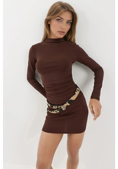 Hiccup Bodycon Modal Kumaş Mini Elbise Kestane Kahvesi