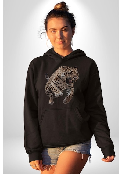 Jaguar Sırtından Çıkan Kadın Erkek Siyah Kapüşonlu Sweatshirt Hoodie Siyah