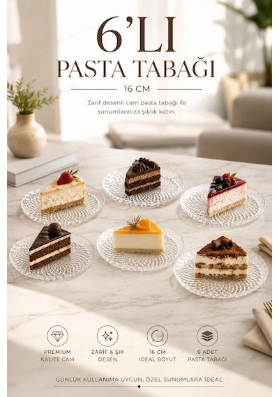 Porsima Tokyo 10788 6'lı Desenli Cam Pasta Tabak Seti 16 Cm Tatlı & İkram Tabağı