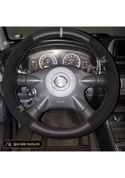 Nissan Almera N16 Dikme Direksiyon Kılıfı Alcantara Süet Mat Karbon Gri Yüzük Ve Dikiş Tekna-luxury-tuşlu 2003-2007 Siyah