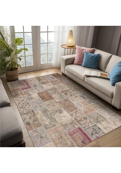 Senda Patchwork Desenli Şönil Pamuk Tabanlı Yıkanabilir Kaymaz Antibakteriyel Salon Halısı 80x200 Genel