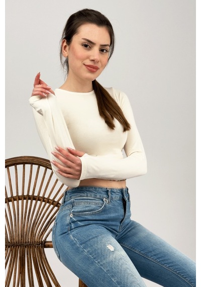 Kadın Bisiklet Yaka Parmak Detaylı Spor Body Basic Soft Touch Spor Crop Ekru