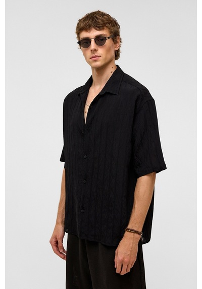 Vamos Oversize Çizgili Kısa Kollu Modal Kumaş Gömlek Siyah