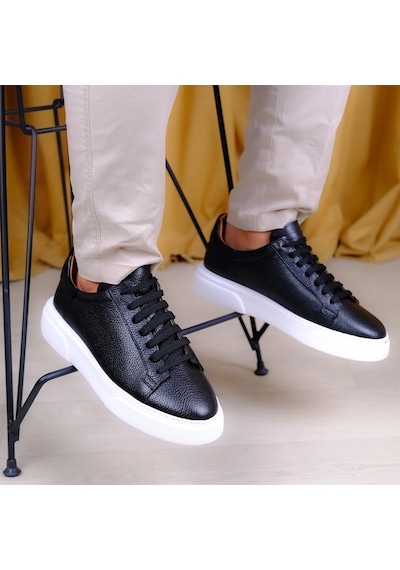 Twingold Kişiselleştirilebilir Kalın Ortopedik Tabanlı %100 Deri Sneaker Spor Ayakkabı - Siyah - Beyaz Siyah