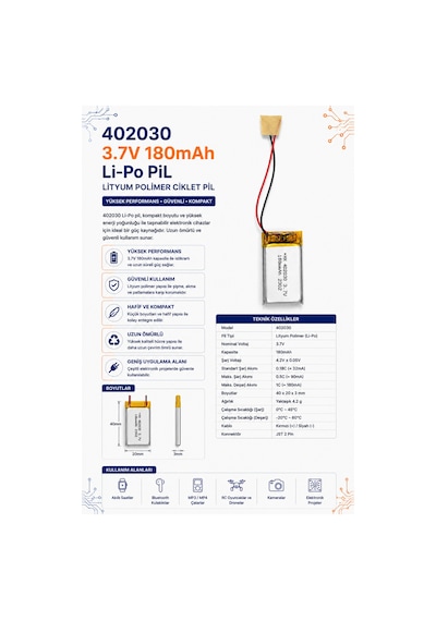 402030 3.7v 180mah Li-po Pil - Lityum Polimer Ciklet Pil