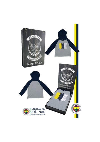 Fenerium Fenerbahçe Lisanslı Kapüşonlu Lacivert Gri Çocuk Sweat Kişiye Özel Ahşap Kutulu Lacivert