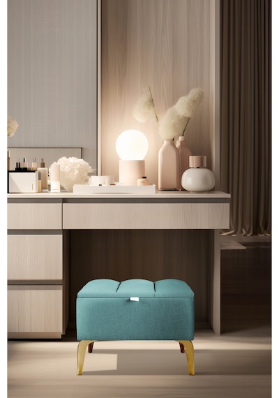 Vetra Mini Royal Turkuaz Kumaş Sandıklı Dekoratif Puf&bench-dilimli Model-gold Ayak-modern Puf