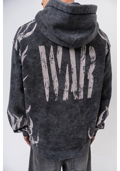 Respire Erkek War Baskılı Yıkamalı Kapüşonlu Oversize Hoodie Siyah