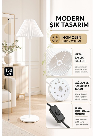 Metal Beyaz Lambader 150 Cm İthal Beyaz Kumaş Pileli Kırma Modern Başlık Lam10
