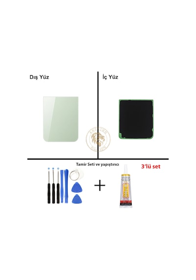 Samsung Galaxy Z Flip 5 Yeşil Renk Arka Kapak + Tamir Seti + B7000 Yapıştırıcı Arka Cam Batarya Kapağı Pil Kapağı Lazer Kesim Back Cover Galaxy Z Flip 5 Uyumlu