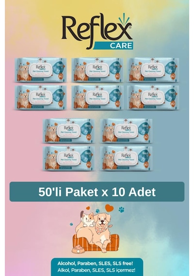 Reflex Care Evcil Hayvanlar İçin Çok Amaçlı Hijyenik Temizleme Mendili 50'li X 10 Adet - Alaçatı Ice Kokulu