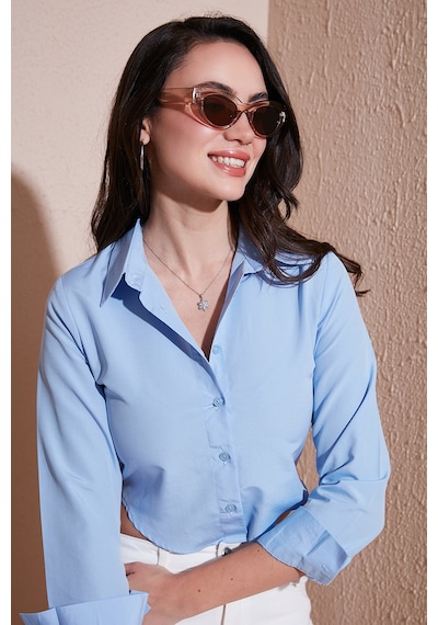 Lela Pamuk Karışımlı Slim Fit Uzun Kollu Crop Bayan Gömlek 6777336 Bebe Mavi