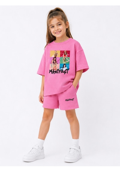 Fasardi Manifest Girls M6nifestgirls Baskılı Oversize Pamuk Tişört Şort 2li Çocuk Takım Pembe