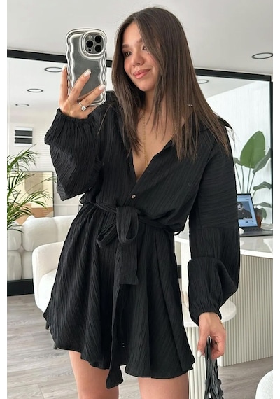Fashion Cocktail Uzun Kol Casual Kabartma Kumaş Yakalı Düğmeli Boyfriend Gömlek Stil Şortlu Tulum Siyah Fashion Cocktail Uzun Kol Casual Kabartma Kumaş Yakalı Düğmeli Boyfriend Gömlek Stil Şortlu Tulum Siyah