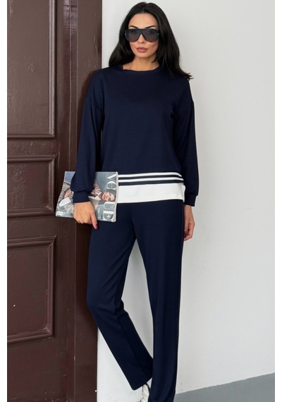 Ded Collectıon Kadın Yanı Yırtmaçlı İnce Şerit Detaylı Uzun Kol Sweatshirt Modal Takım Lacivert Ded Collectıon Kadın Yanı Yırtmaçlı İnce Şerit Detaylı Uzun Kol Sweatshirt Modal Takım Lacivert