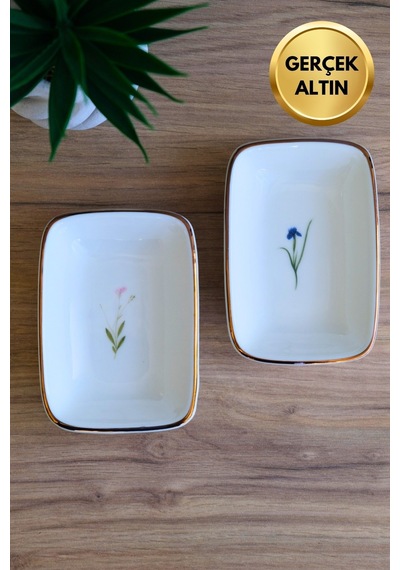 Tabak Evi Porselen Natura Karma Altın Yaldızlı Dikdörtgen Kayık Tabak 12x8,50cm 2 Parça Çok Renkli