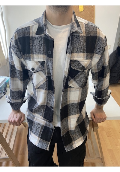 Erkek Krem-beyaz-siyah Çift Cep Kapaklı Slim Fit Oduncu Gömlek Krem-beyaz-siyah