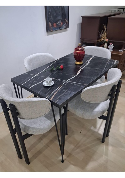 Masa Metal Ayak 90602 Sabit Siyah Mermer Desen 4 Adet Sandalye Metal Ayak Siyah