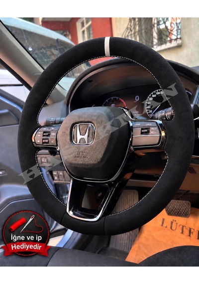 Honda Cr-v Dikme Direksiyon Kılıfı Full Alcantara Süet Beyaz Yüzük Ve Beyaz Dikiş 2023-2026 Siyah