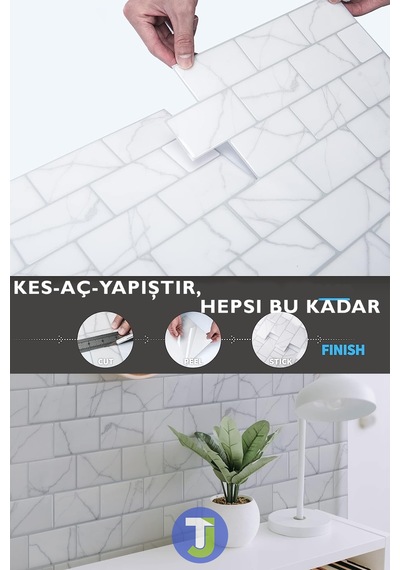 Technojet 3boyut Seramik Efekt Kendinden Yapışkanlı Beyaz Mermer Pvc Mutfak Tezgah Kaplama 30cm 30cm