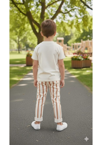 Smalltouch Palmiye Desenli Tişört Pantolon Erkek Çocuk Çizgili Takım Ekru