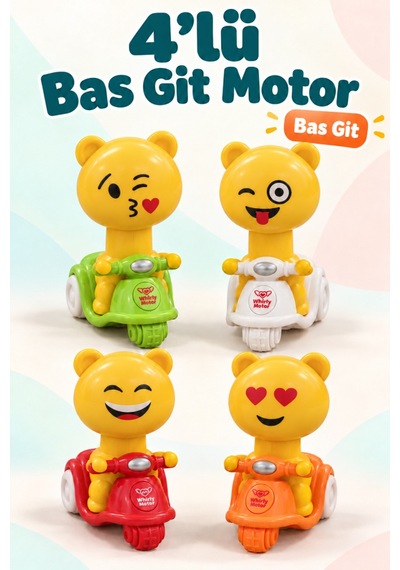 4 Lü Bas Git Oyuncak Motor Seti Renkli Emoji Figürlü 12 Cm Eğlenceli Ve Eğitici Motosikletler