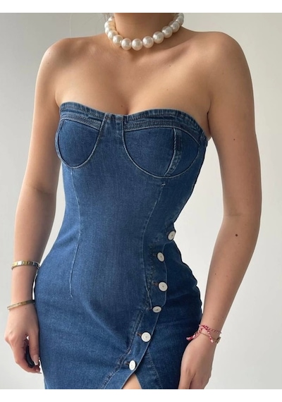 Defymoda Nerg Düğme Detaylı Elbise Koyu Mavi