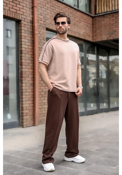 Madmext Camel Şerit Detaylı Modern Kesim Erkek Tişört E7182