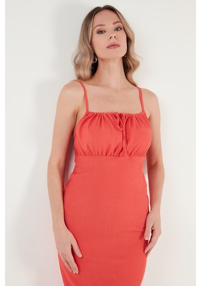 Lela Önü Büzgülü Ip Askılı Yırtmaçlı Fitted Midi Bayan Elbise 5865362 Nar Çiçeği