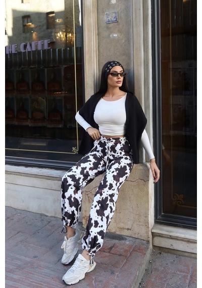 Kechi Woman Kadın Gabardin İnek Desenli Beli Lastikli Jogger Pantolon Kw3166