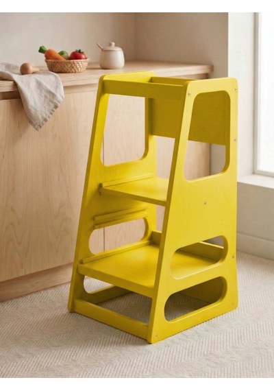 Kaidan Pure Yellow Renk Çocuk Öğrenme Kulesi-etkinlik Kulesi Ayarlanabilir Basamaklı Doğal Mdf