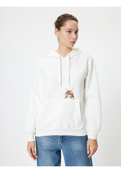 Koton Oversize Kapüşonlu Sweatshirt Cep Detaylı Kedi Nakışlı Ekru 5wal10021ık Ekru