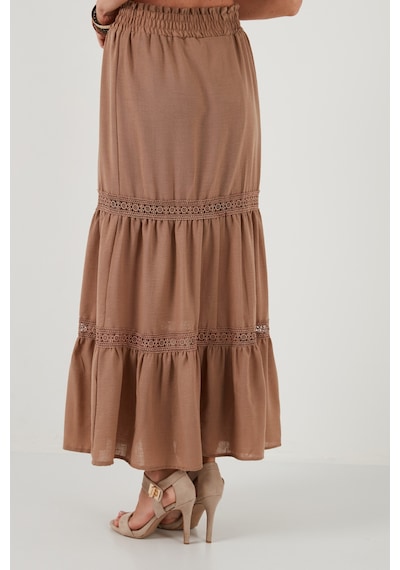 Lela Güpürlü Beli Lastikli Uzun Bayan Etek 611Et0106 Camel