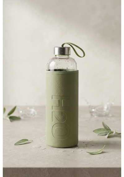 H2o Sağlıklı Cam Matara 1000 Ml Su Şişesi, Deri Kılıflı 1 Lt Sporcu Suluğu Haki