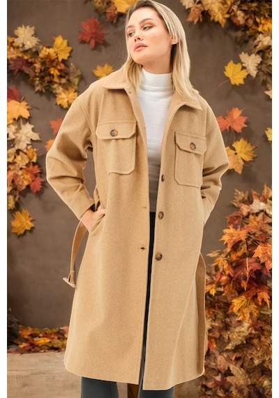 Z6777 Dewberry Bayan Palto-düz Camel-düz Camel