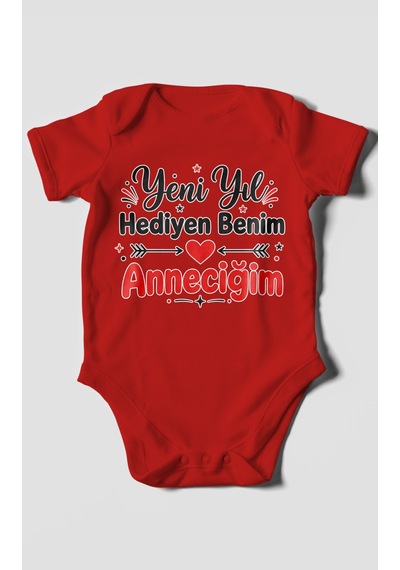 Morivokids Yeni Yıl Hediyen Benim Anneciğim Kısa Kollu Bebek Body %100 Pamuk Kırmızı