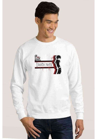 Anime Death Note Baskılı Beyaz Erkek Örme Sweatshirt (528450629)