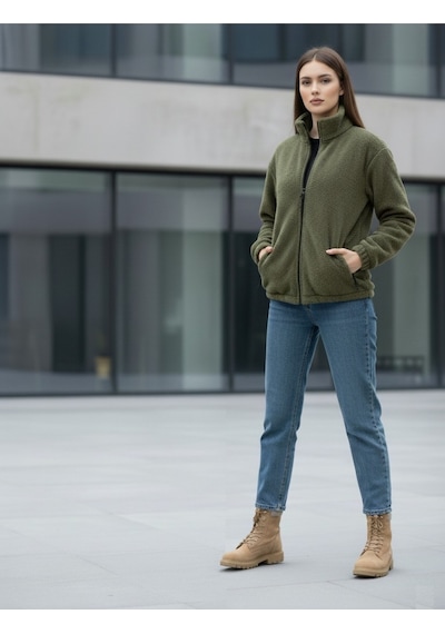 Kadın Oversize Peluş, Polar, Fermuarlı, Teddy Dik Yaka, Sıcak Tutucu Yumuşak Kışlık Ceket Haki