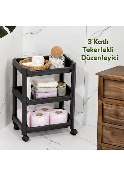 Porsima RAFTY-73-ECO-1 Tekerlekli 3 Katlı Düzenleyici - 35,5 x 22 x 48 cm Hareketli Geniş Raf - Siyah